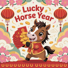 A lucky horse celebrates the new year with gold and red envelopes