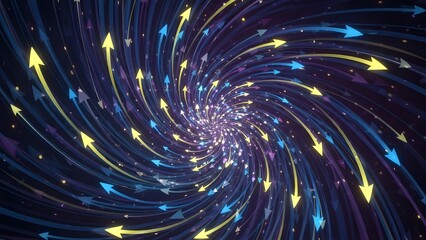 Swirling arrows pointing to a central light source in a dark backdrop