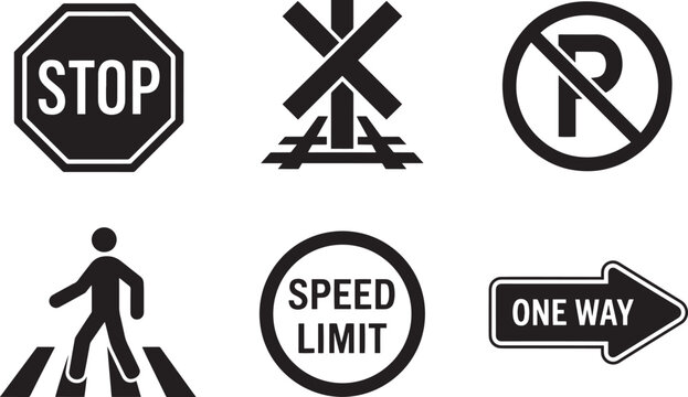 Traffic road safety regulation signs collection including stop speed limit parking and one way symbols