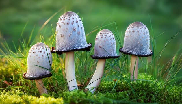 Four Green Spored Lepiota Mushrooms Are Growing Wild In Green Grass