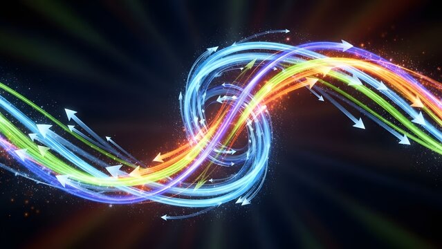 Abstract colorful light trails with arrows on a dark background