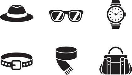 Accessories icons fashion style collection set includes hat sunglasses watch belt scarf and handbag