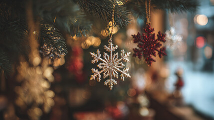 Shiny Snowflake Ornament Hanging on a Christmas Tree