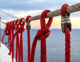 Close-up of red ropes attached to a boat railing with an ocean view under a soft, colorful sunset sky