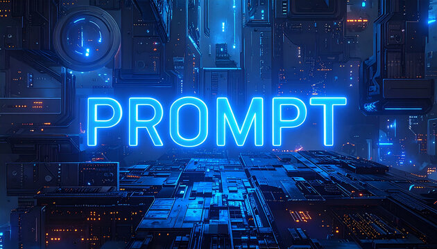 Blue neon “PROMPT” text on futuristic cityscape with digital structures
- Powered by Adobe