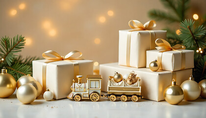 Festive Christmas scene with gifts, ornaments, and a toy train on a white surface, HD and 4k image