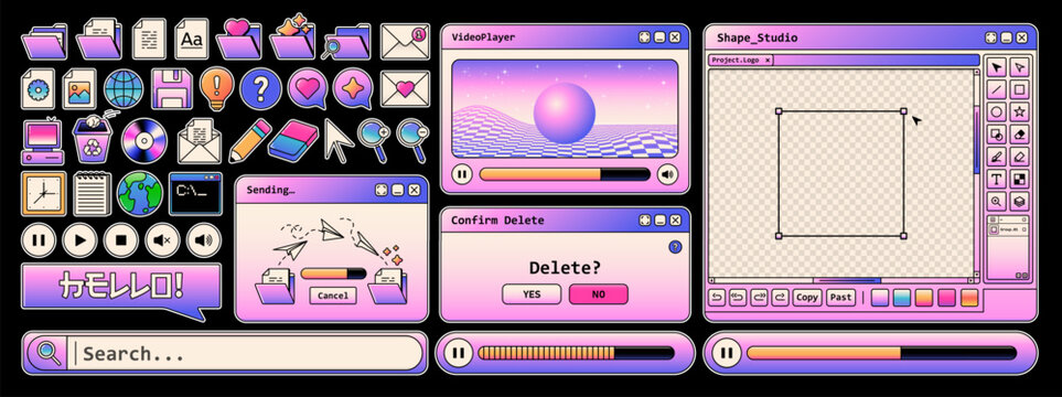 Retro PC gradient icon set. Y2K vaporwave computer desktop interface with UI elements, media player, folders, windows, buttons, cursor and internet browser. Vintage tech aesthetic