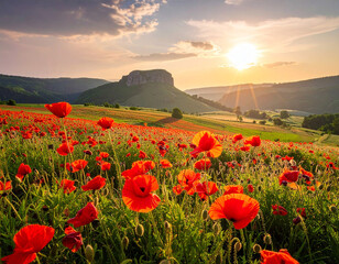 Poppy blooms create a vibrant landscape at sunset in the countryside