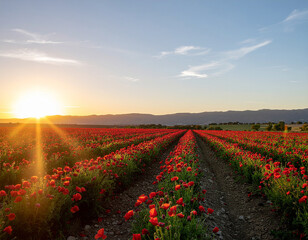 Poppy landscape blossoms at sunset, showcasing harmony and vibrant natural beauty