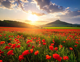 Blooming landscape of firefly poppy under a vibrant sunset with hills in the background celebrating natural beauty