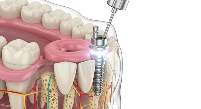 Dental Implant Procedure Shows Placement in Jaw Bone with Teeth Gums and Supporting Tissue Depicting Modern Dentistry and Oral Health Innovation