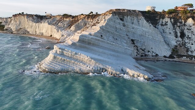 Amazing drone photography of the Turkish Steps, Scala dei Turchi, a rocky cliff on the coast of Realmonte, near Porto Empedocle, southern Sicily, Italy