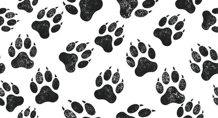 Seamless pattern of black grunge-textured bear or dog paw prints scattered randomly across a clean white background vector.