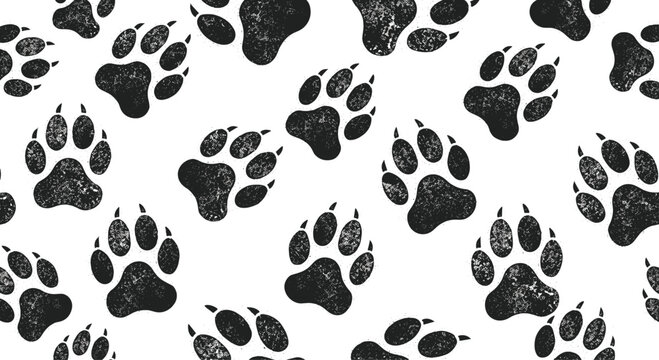 Seamless pattern of black grunge-textured bear or dog paw prints scattered randomly across a clean white background vector.