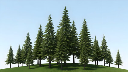Group of evergreen trees on a grassy hill isolated against a blue sky a natural landscape scene