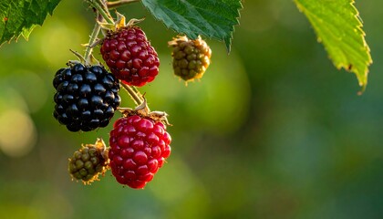 Close-up of ripe blackberries and some unripe ones hanging on a branch with green leaves