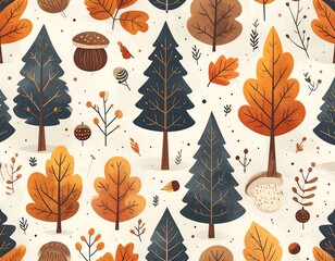 Cute seamless pattern featuring stylized autumnal trees, mushrooms, and leaves on a light beige background