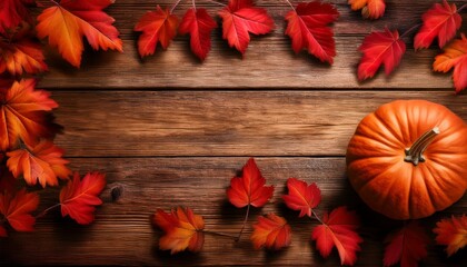 A Vintage Rustic Wooden Background Featuring Vibrant Red Autumn Leaves And A Pumpkin Symbolizing The Fall Season Thanksgiving And Halloween Festivities