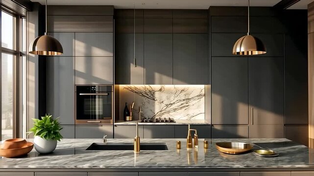 Elegant modern kitchen interior with marble surfaces, warm natural sunlight, sleek cabinetry, golden fixtures, and sophisticated contemporary design