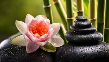 Fototapeta premium Water Droplets Cling To Lotus Bamboo And Smooth River Rocks In Peaceful Still Life