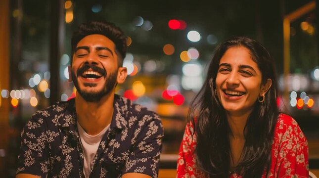Laughing Modern Indian couple during pre-wedding at Coffee shop