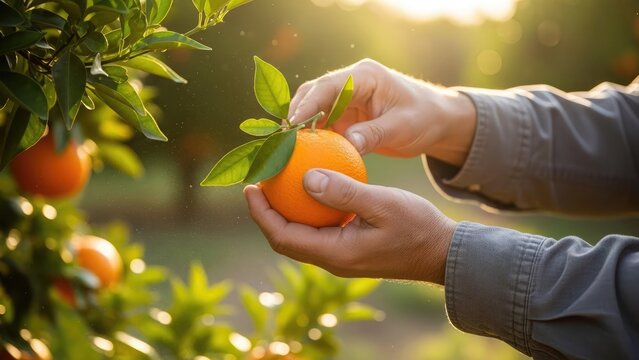 A person's hands delicately picking a ripe orange fruit from a tree branch in an orchard.