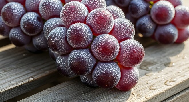 Closeup of fresh red grapes covered in frost on a rustic wooden table