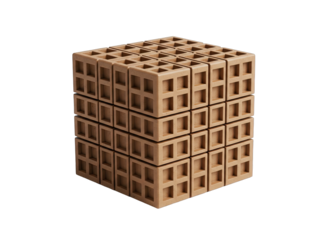 Cube Structure of Interlocking Beige Building Blocks Isolated on Black Background in Studio Lighting