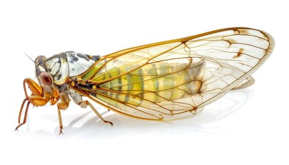 Close up shot of a cicada bug on a white surface, its wings outspread and translucent, head to the left