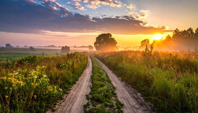 Country path leads to a misty sunrise over golden fields, framed by trees and a beautiful, cloudy sky