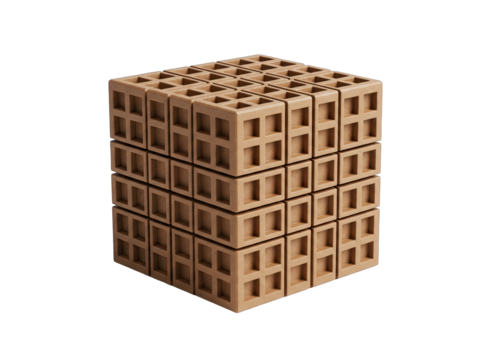 Cube Structure of Interlocking Beige Building Blocks Isolated on Black Background in Studio Lighting