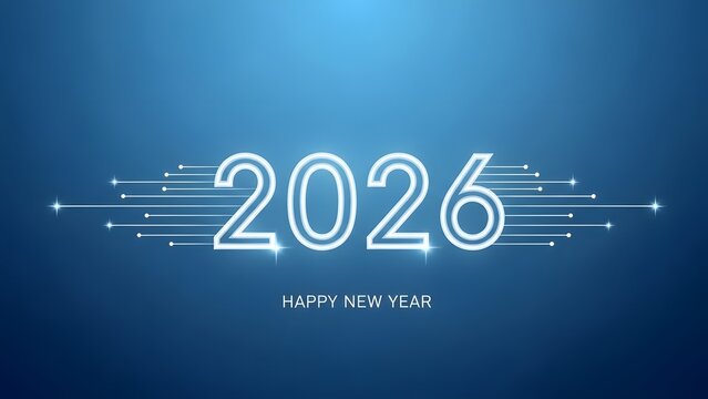 Elegant 2026 new year celebration design with glowing lines on blue