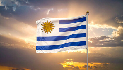 Uruguayan flag waving at sunset with warm light