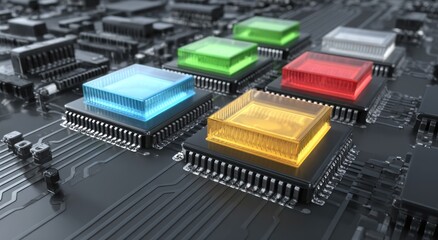 Close-up of a dark circuit board with colorful, translucent blocks, symbolizing processing