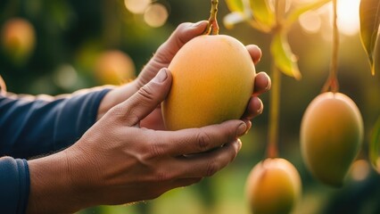 Person holding a ripe mango fruit in their hands, with other mangoes hanging on the tree.