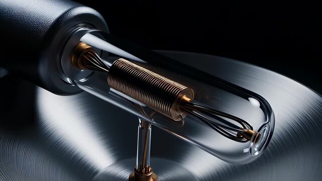 Macro strobe light bulb flashing inside a glass tube with a metallic coil and blue lens flare in a dark cinematic 3D animation, representing electric energy and ideas.