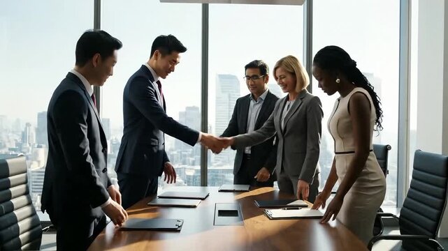 Professional business partners shake hands to seal a deal in a glass-walled boardroom while colleagues look on with approval
