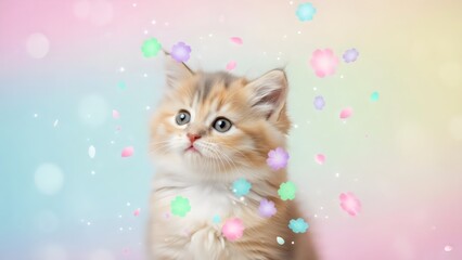 Charming kitten surrounded by colorful bokeh lights, dreamy fantasy style, soft fur, bright eyes, perfect for cute art, posters, and children’s themes.
