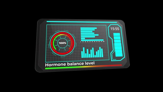 futuristic tablet displaying hormone metrics and circular gauge, neon cyan interface shows graphs, battery readout and percent, clinical lab vibe, researcher reviewing endocrine trends and biofeedback