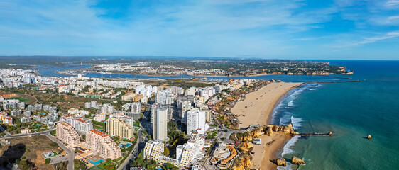 Aerial panorama from Praia da Rocha and the city Portimao in the Algarve Portugal