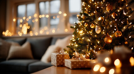 Cozy Christmas living room, warm bokeh lights, decorated tree, gifts under the tree, shallow DOF,  soft cinematic lighting, photorealistic, warm golden tones, high