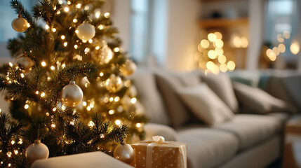Cozy Christmas living room, warm bokeh lights, decorated tree, gifts under the tree, shallow DOF,  soft cinematic lighting, photorealistic, warm golden tones, high