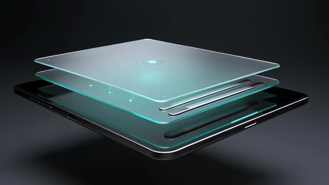 Exploded view of a futuristic tablet revealing glowing digital network layers and glass screen components in a sleek 3D render, illustrating technology connectivity concepts.