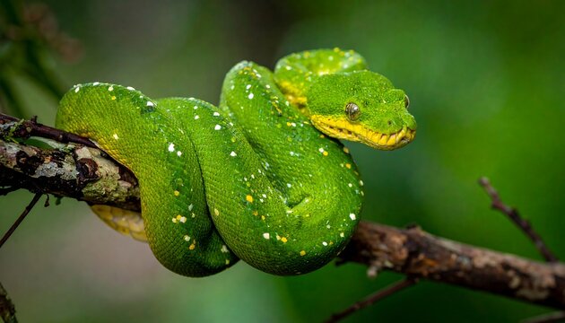 Emerald tree boa rests on a branch; a vibrant green snake with yellow markings amidst lush foliage