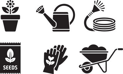 Gardening tools vector icons set wheelbarrow gloves seeds watering can plant hose glyphs