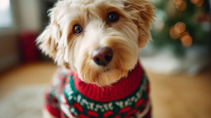Dog wearing a Christmas sweater, indoors, warm tones, shallow DOF
