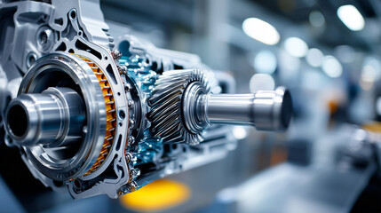 Powerful engine display, intricate component showcase, mechanical design emphasis, precision engineering focus, automotive technology detail, metal assembly visible, industrial pho