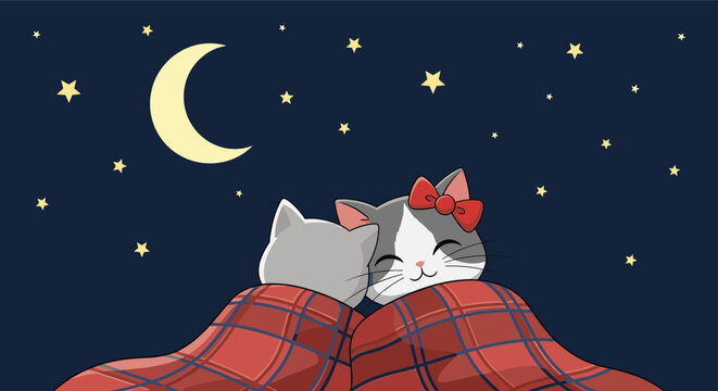 A romantic cartoon illustration of a cat couple snuggling under a plaid blanket, looking at the moon and stars in the night sky. - Powered by Adobe