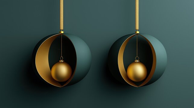 Two hanging dark green circles with golden Christmas ornament inside on flat background in minimalistic design with simple shapes and elegant color palette