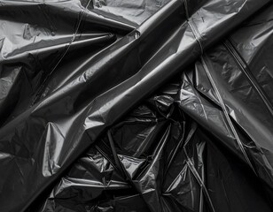 Close-up of rumpled black plastic sheeting with reflections, creases, and folds creating an abstract texture